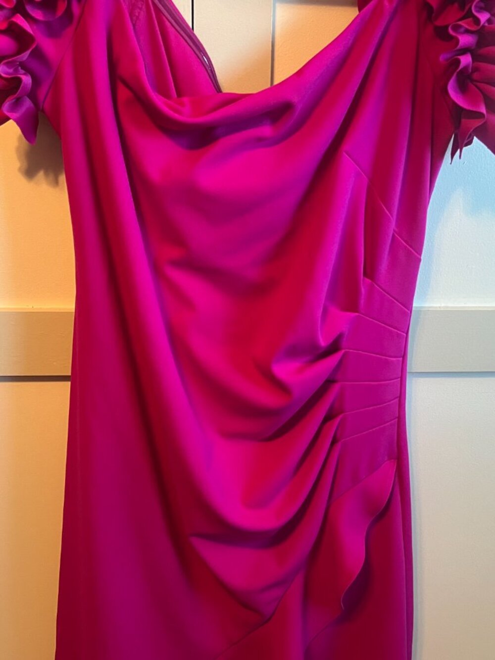 NWT Xscape Off-The-Shoulder Ruffle Sleeve Scuba Crepe Dress - Fuchsia - Picture 2 of 5